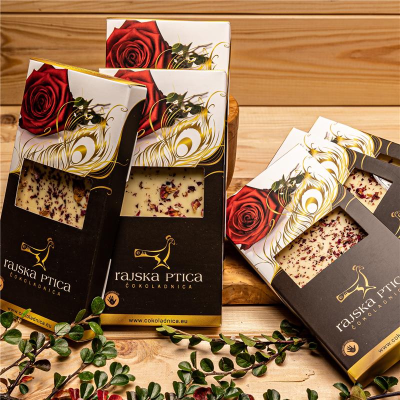 Slovenska čokolada - Bela čokolada z vrtnico, 85g